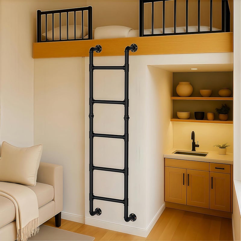 cvter 3/4/5/6/7/8FT Black Wall Mounted Steel Ladder, 5-Step Egress Ladder for Window Well, Loft, Bunk Bed, Camper, RV | Floor/Wall Mounted Indoor Safety Climb for Bedroom, Basement, Gym, Dorm & Small Spaces - Image 1